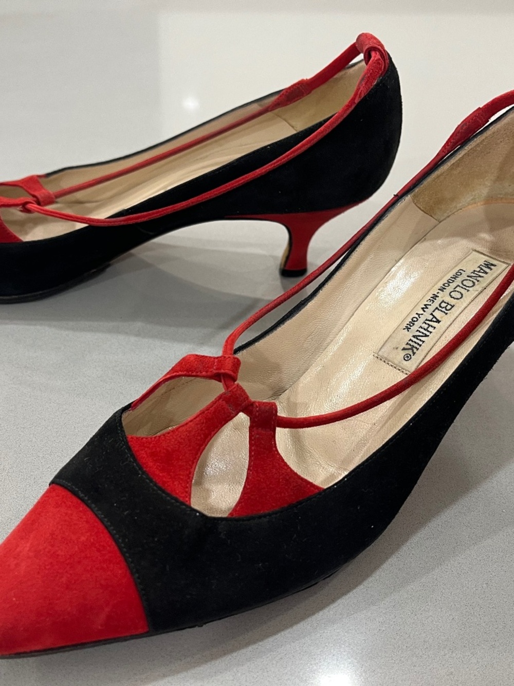Manolo Blahnik Black and Red Suede Pumps.  Size 37.